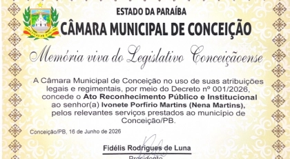 Ex-vereadora Nena Martins &eacute; homenageada na Sess&atilde;o Solene "Mem&oacute;ria Viva do Legislativo Concei&ccedil;aoense"